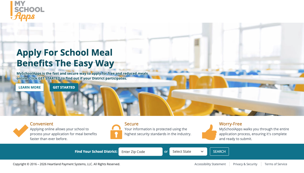 A webpage for My School Apps, featuring a bright cafeteria background and the heading "Apply For School Meal Benefits The Easy Way."